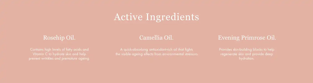 List of active ingredients showing rosehip oil, camellia oil, and evening primrose oil against a pink background.