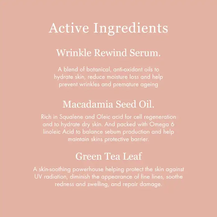 List of active ingredients for a skincare serum featuring macadamia seed oil, green tea leaf, and anti-aging properties.