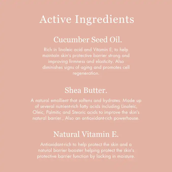 List of active skincare ingredients including cucumber seed oil, shea butter, and natural vitamin E.