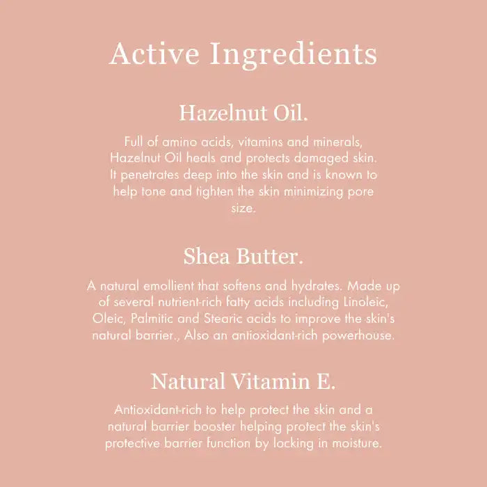 List of active skincare ingredients including hazelnut oil, shea butter, and natural vitamin E with their benefits.