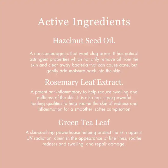 List of active skincare ingredients featuring hazelnut seed oil, rosemary leaf extract, and green tea leaf.