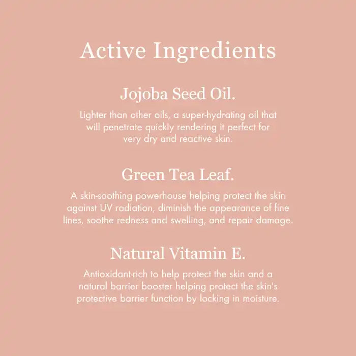 List of active skincare ingredients featuring jojoba seed oil, green tea leaf, and natural vitamin E.