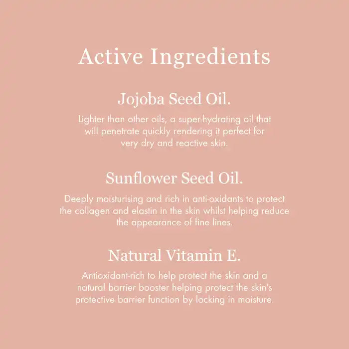 List of active skincare ingredients featuring jojoba seed oil, sunflower seed oil, and natural vitamin E.