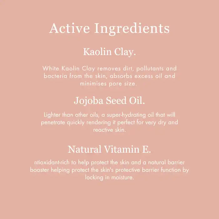 List of active skincare ingredients featuring kaolin clay, jojoba seed oil, and natural vitamin E.