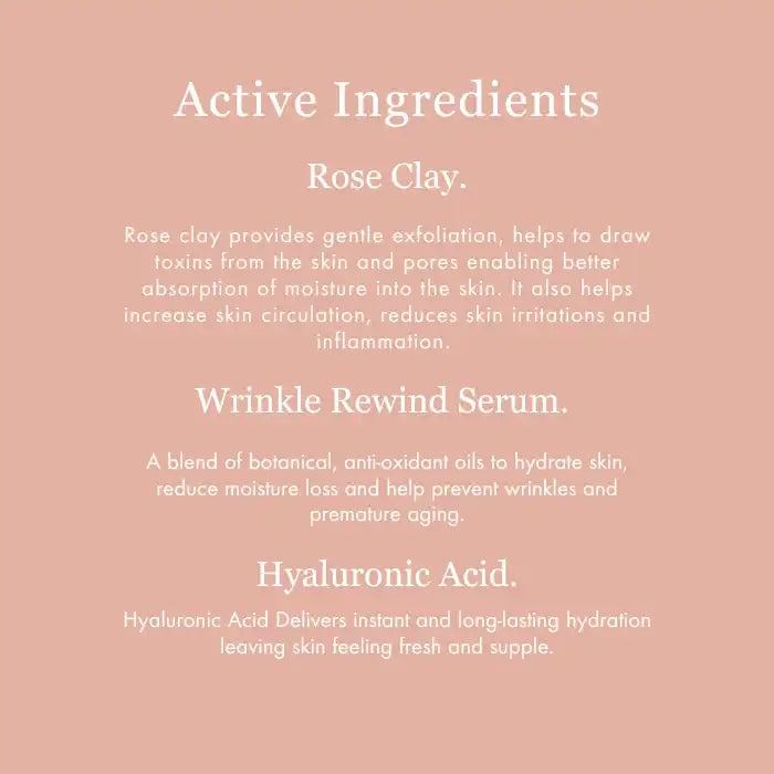 List of active skincare ingredients including rose clay, wrinkle rewind serum, and hyaluronic acid with their benefits.