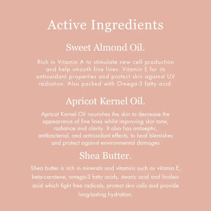 List of active skincare ingredients including sweet almond oil, apricot kernel oil, and shea butter with their benefits.