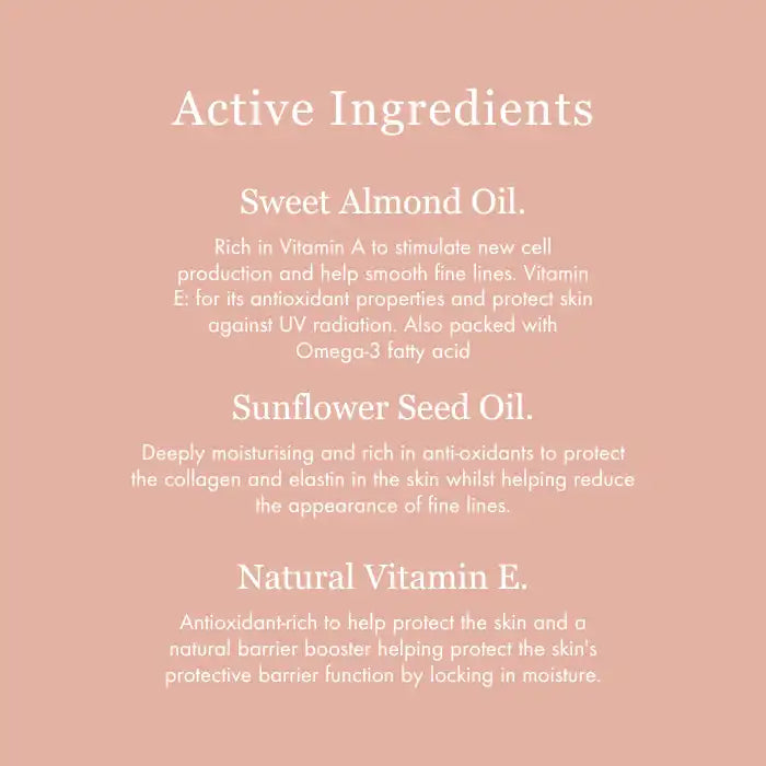 List of active skincare ingredients featuring sweet almond oil, sunflower seed oil, and natural vitamin E.