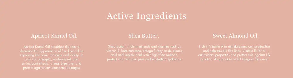 Pink-tinted product ingredients list showing ’Active Ingredients’ with text below.