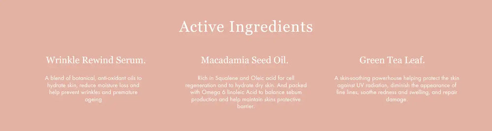 Pink-tinted product label showing ’Active Ingredients’ text and ingredient descriptions.