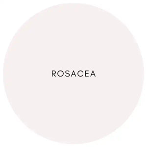 Simple black text spelling ’ROSACEA’ on a pale pink circular background.