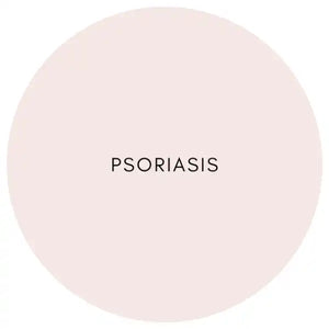 Simple pink circle containing the word ’PSORIASIS’ in black text.