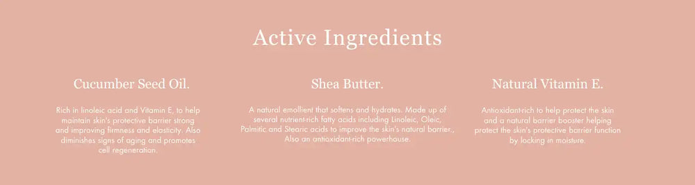 Text displaying ’Active Ingredients’ with additional ingredient details below in a soft pink/beige color scheme.