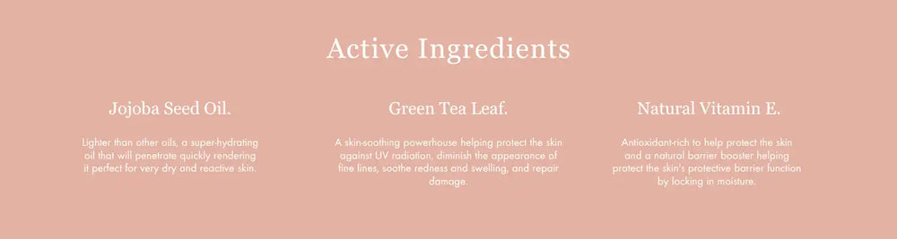 Text showing ’Active Ingredients’ with ingredient descriptions below in a soft pink/beige color scheme.