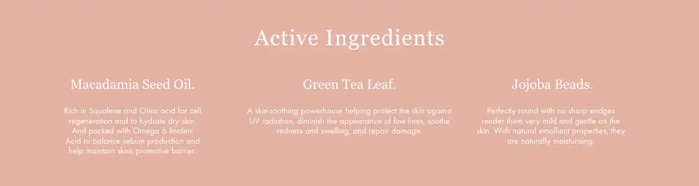 Text showing ’Active Ingredients’ and ingredient names on a pink/peach colored surface.